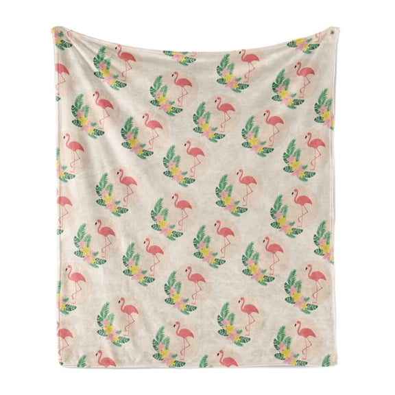Hawaiian Soft Flannel Fleece Throw Blanket, Natural Theme Exotic Flamingos Pattern with Tropical Plants, Cozy Plush for Indoor and Outdoor Use, 50" x 60", Pale Eggshell and Multicolor, by Ambesonne