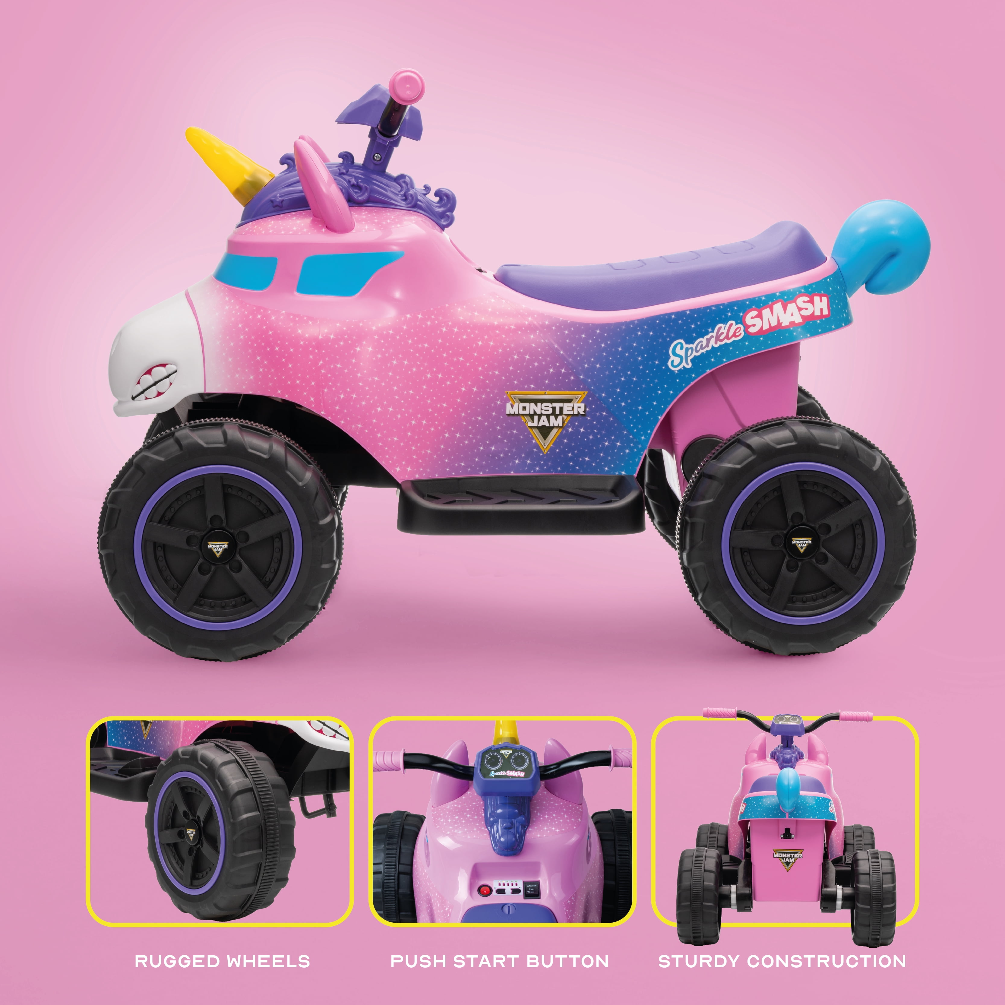 Monster Jam Sparkle Smash 12V Battery-Powered 1 Seat Ride-On ATV for Kids – Forward/Reverse Drive- 3.5 MPH, Rugged Wheels, Unicorn Design with Lights & Sounds