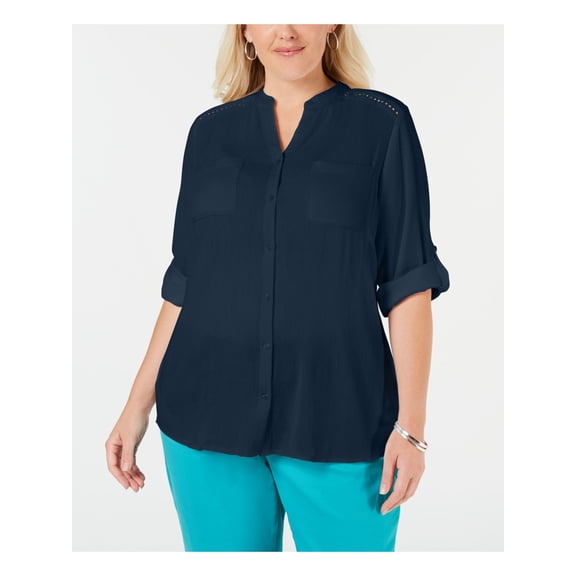 CHARTER CLUB Womens Navy Cuffed V Neck Blouse Top Plus Size: 1X