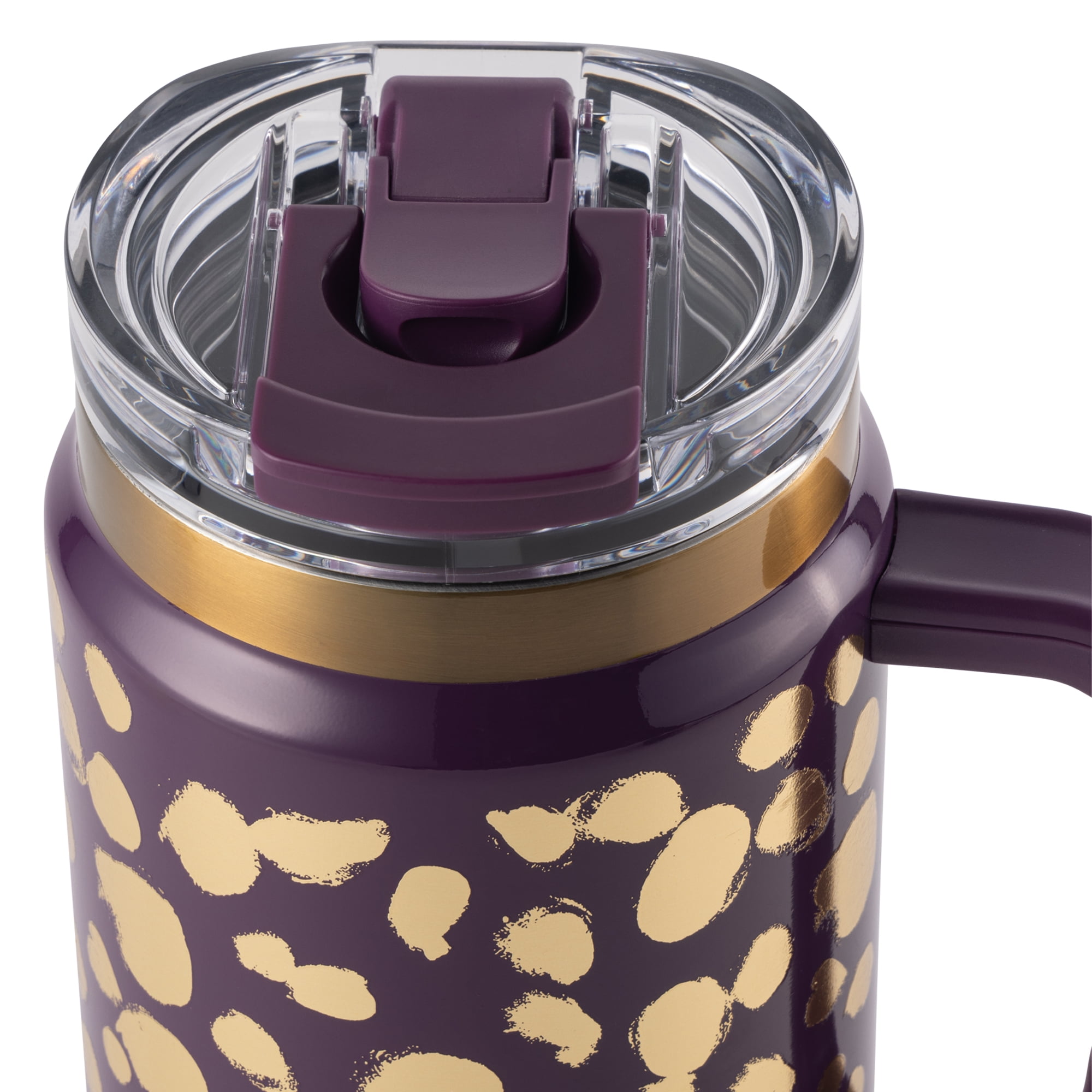 Thyme & Table 32 fl oz Stainless Steel Luna Tumbler with Handle and Dual Straw Lid, Purple & Gold Dot