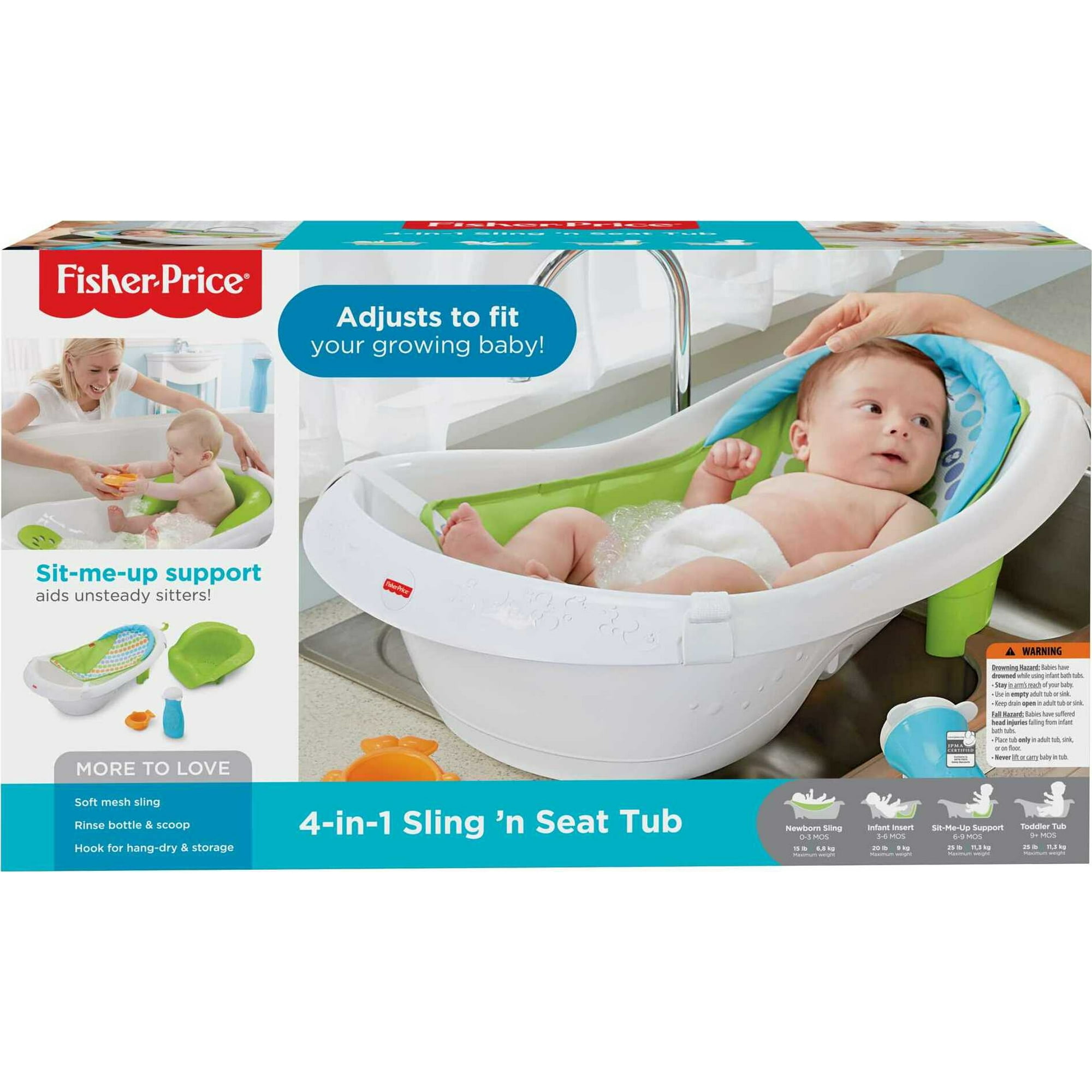 Fisher-Price 4-in-1 Sling ‘n Seat Tub Baby to Toddler Bath with 2 Toys, Green, Unisex