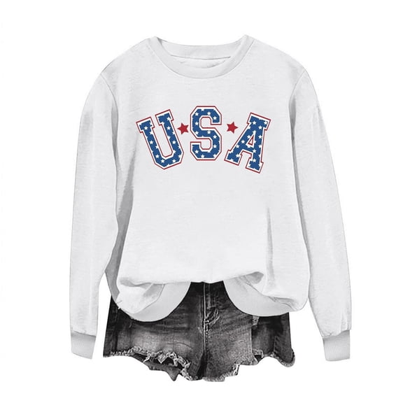 SELONE 4th of July Long Sleeve Button up Shirts for Women Letter Tops Crewneck Clothes Patriotic Graphic Wear