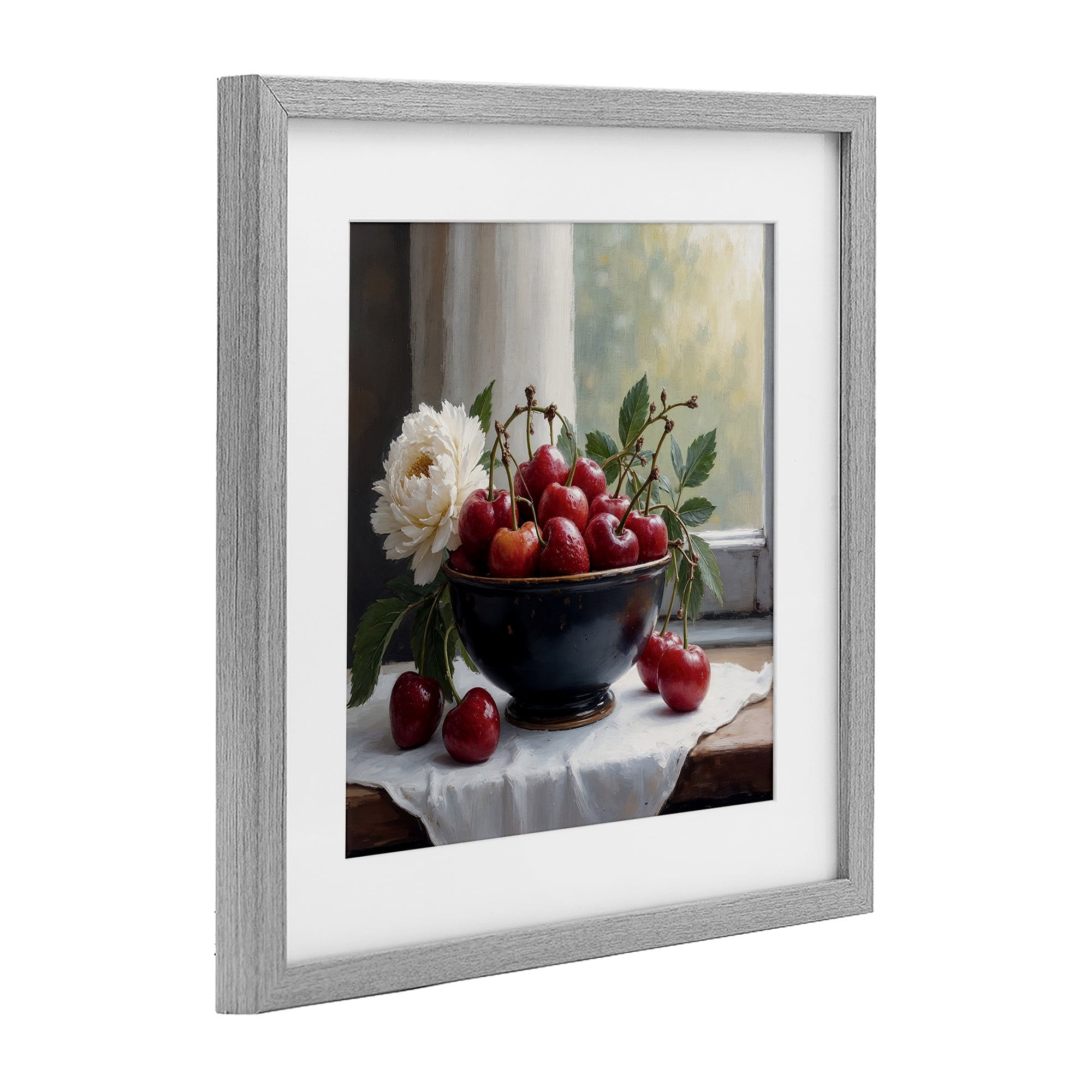 Cherry & Blossom Still Life Gray Framed Print Under Glass, design by Lettered and Lined
