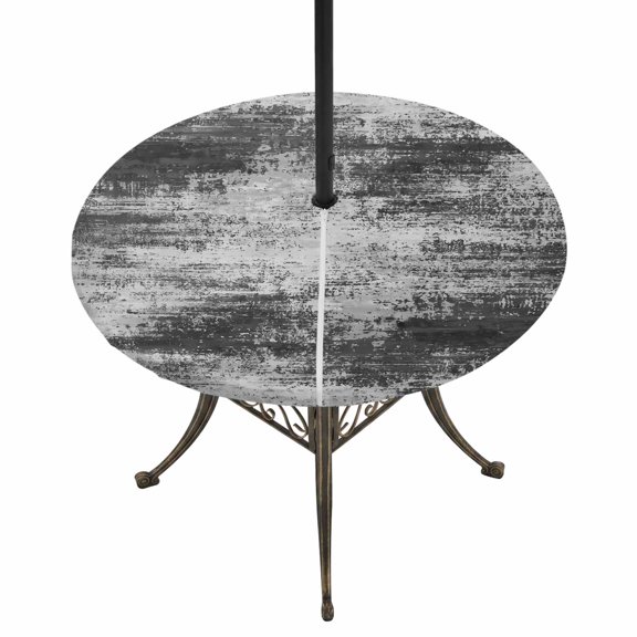 Round Outdoor Tablecloth with Umbrella Hole and Zipper, Vintage Abstract Tablecloth with Elastic Waterproof, Minimalist Texture Art Black Gray Patio Table Covers for 55" - 60" Picnic Pool Tables