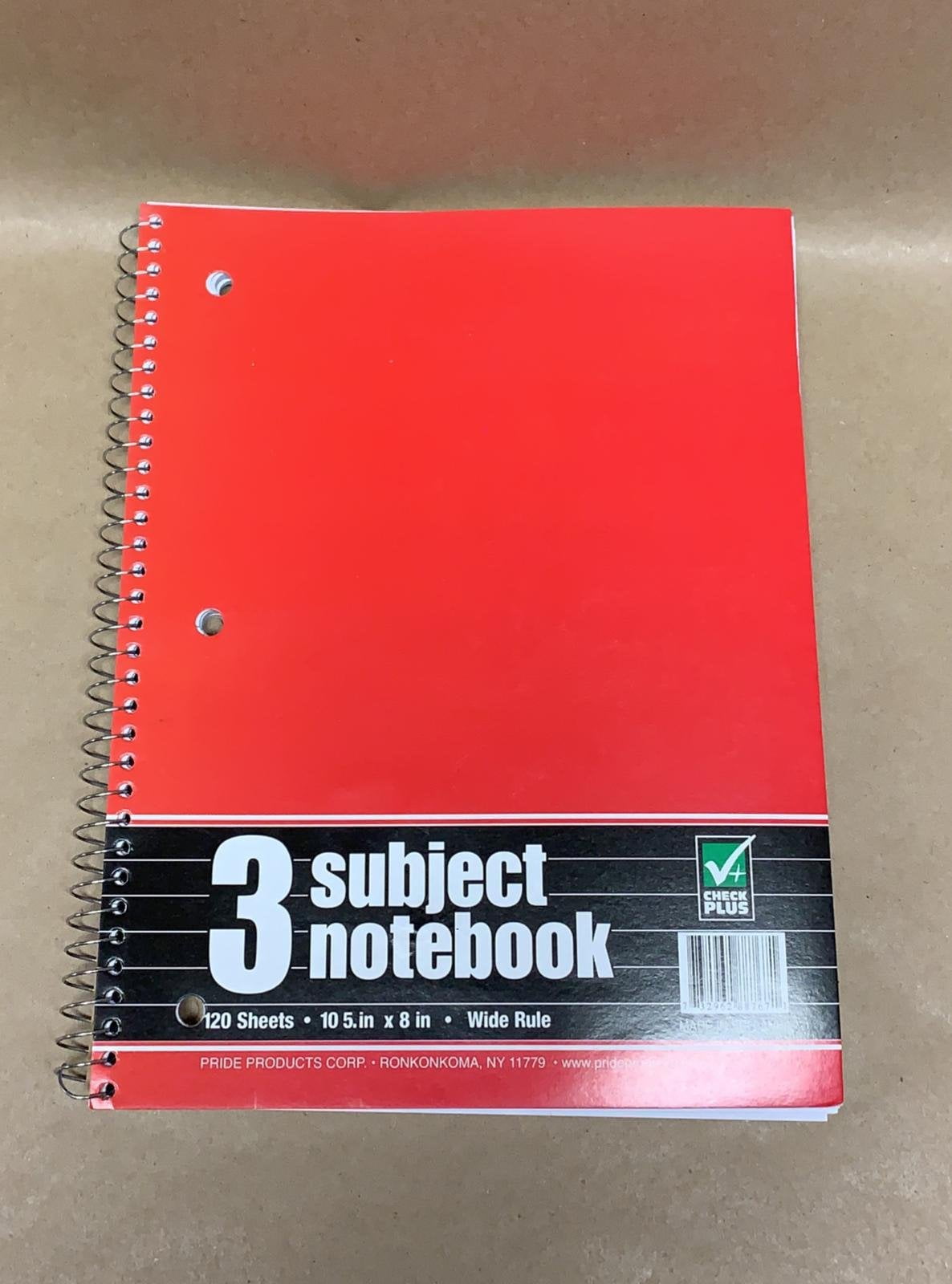 Pride Products 3 Subject Notebook, 120 Sheets, Wide Rule, Color Will Vary