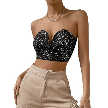 

Sunisery Women s Glitter Sequin Lace Corset Crop Top Backless Sleeveless Strapless Bandeau Tube Tops