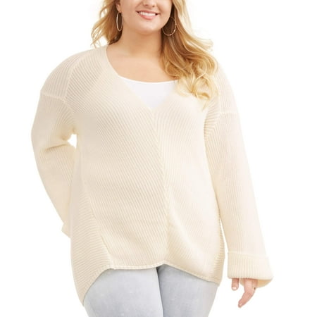 Poof! Junior Plus V Neck Cuff Long Sleeve Sweater