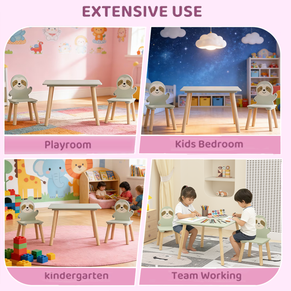 Kids Table and Chair Set with 2 Cute Sloth Chairs, Wooden Toddler Activity Table, Cute Animal Design Play & Study Set for Playroom, Bedroom, Classroom – Sage Green