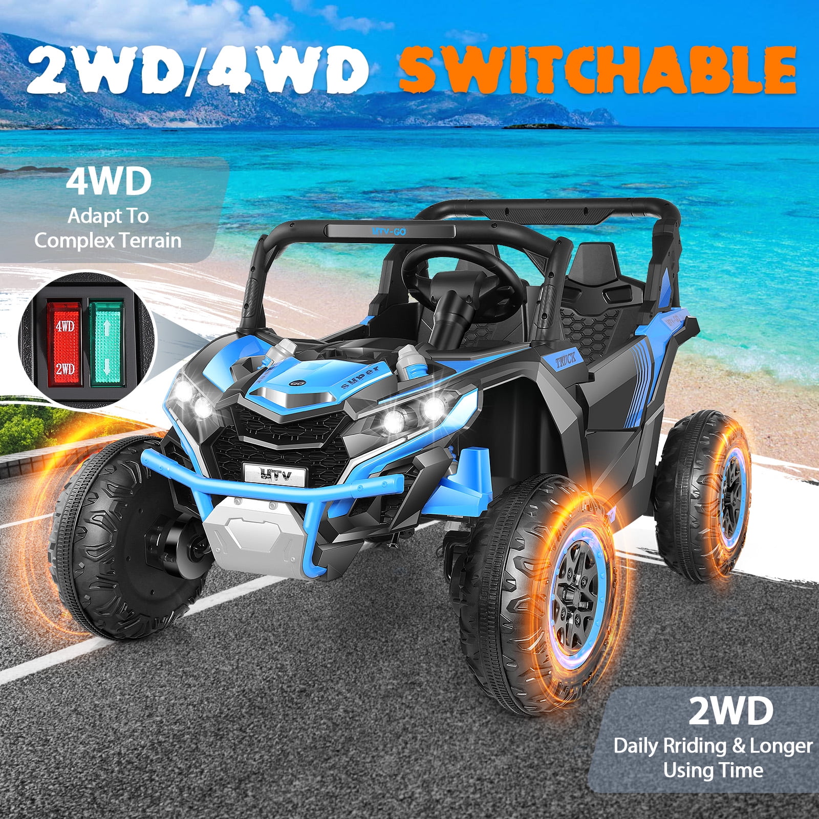 Funcid 24V Ride on Car for Kids, 2WD/4WD Switchable Ride on Car with Remote Control, 2 Seater Ride on Toys, UTV, Bluetooth, Music, LED Lights, Storage Space