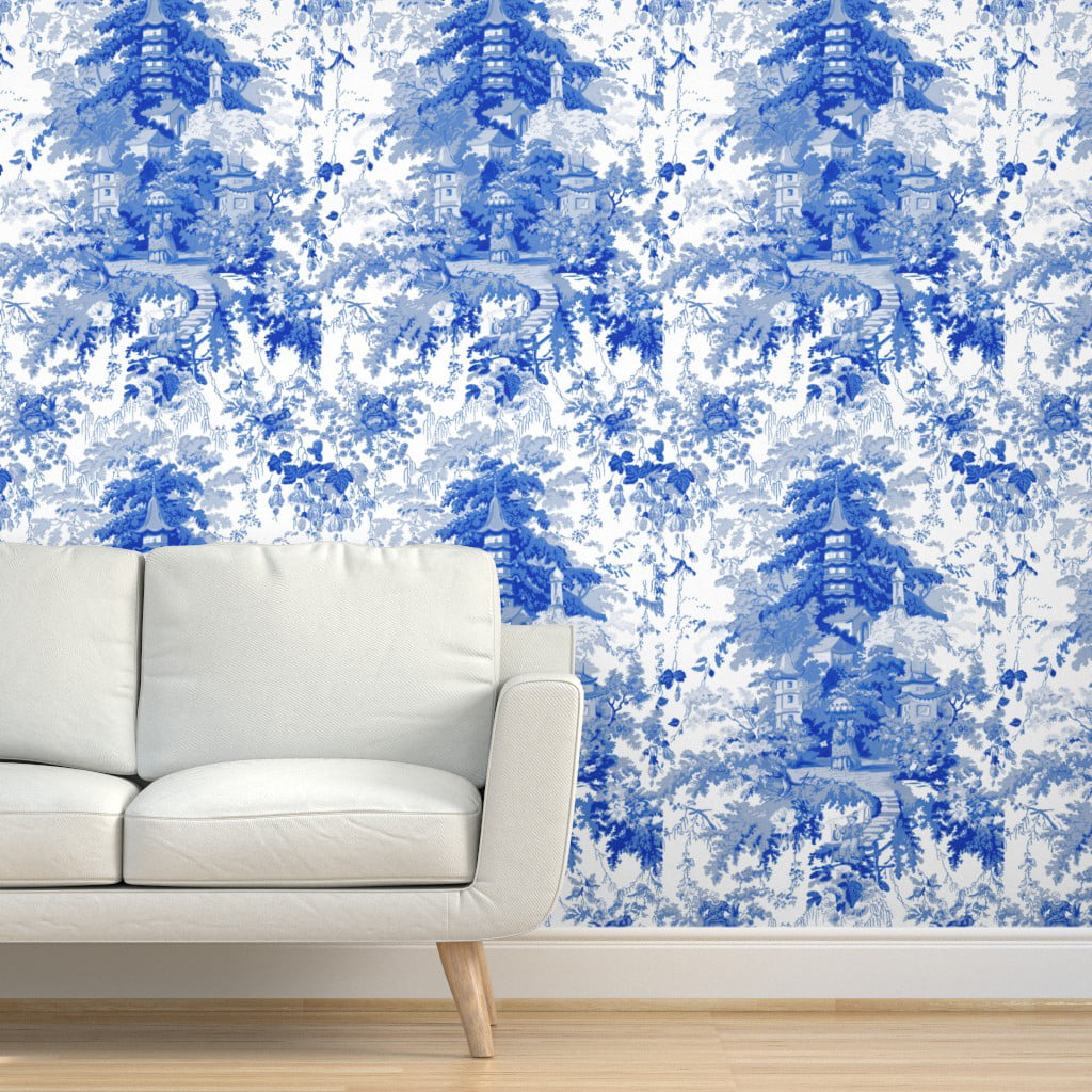 Removable Water-Activated Wallpaper Blue And White Chinoiserie Toile Willow 