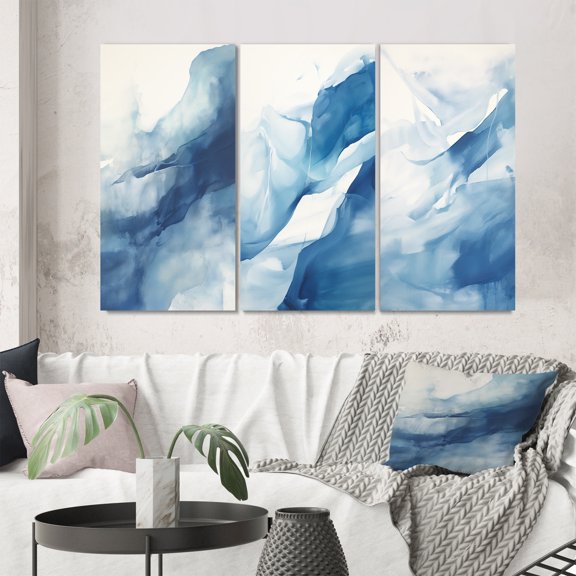 Designart "Blue And White Flowing Aquarelle Clouds IV" Abstract Painting Wall Art Set Of 3 - Modern Blue Gallery Set For Office Decor