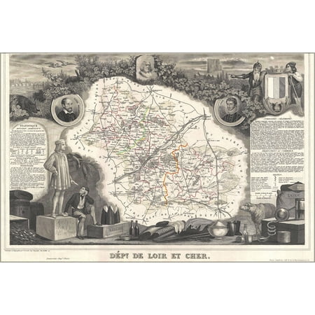 24"x36" Gallery Poster, 1852 Levasseur Map of the Department de Loir-et-Cher, France (Loire Valley Wine Region)