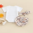 thumbnail image 4 of Ensemble de Vêtements de Récolte pour Bébé, Manches Courtes, Barboteuse à Imprimé Citrouille/lettre + Short Triangle à Imprimé + Bandeau à Nœud, 4 of 8