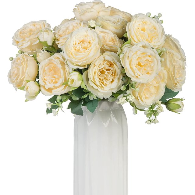 Bienvenido 4 racimos de flores artificiales para decoración, ramo falso de rosas artificiales, arreglos de seda, centro de mesa de plástico para pastel de florero (no incluye florero)