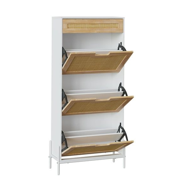 Natural Rattan Shoe Cabinet with 3 Flip Doors and 1 Drawer, Narrow Shoe Rack with Adjustable Shelf, Freestanding Shoe Storage Organizer for Entryway, Hallway