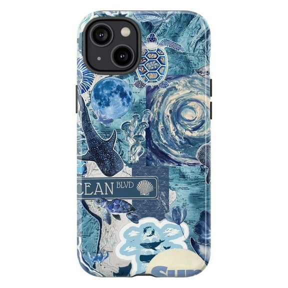 Ocean Themed iPhone Case | Blue Sea Life Collage Design with Turtles, Whales & Waves | Dual Layer Phone Case for iPhone 16 15 14 13 12 11 Pro Max