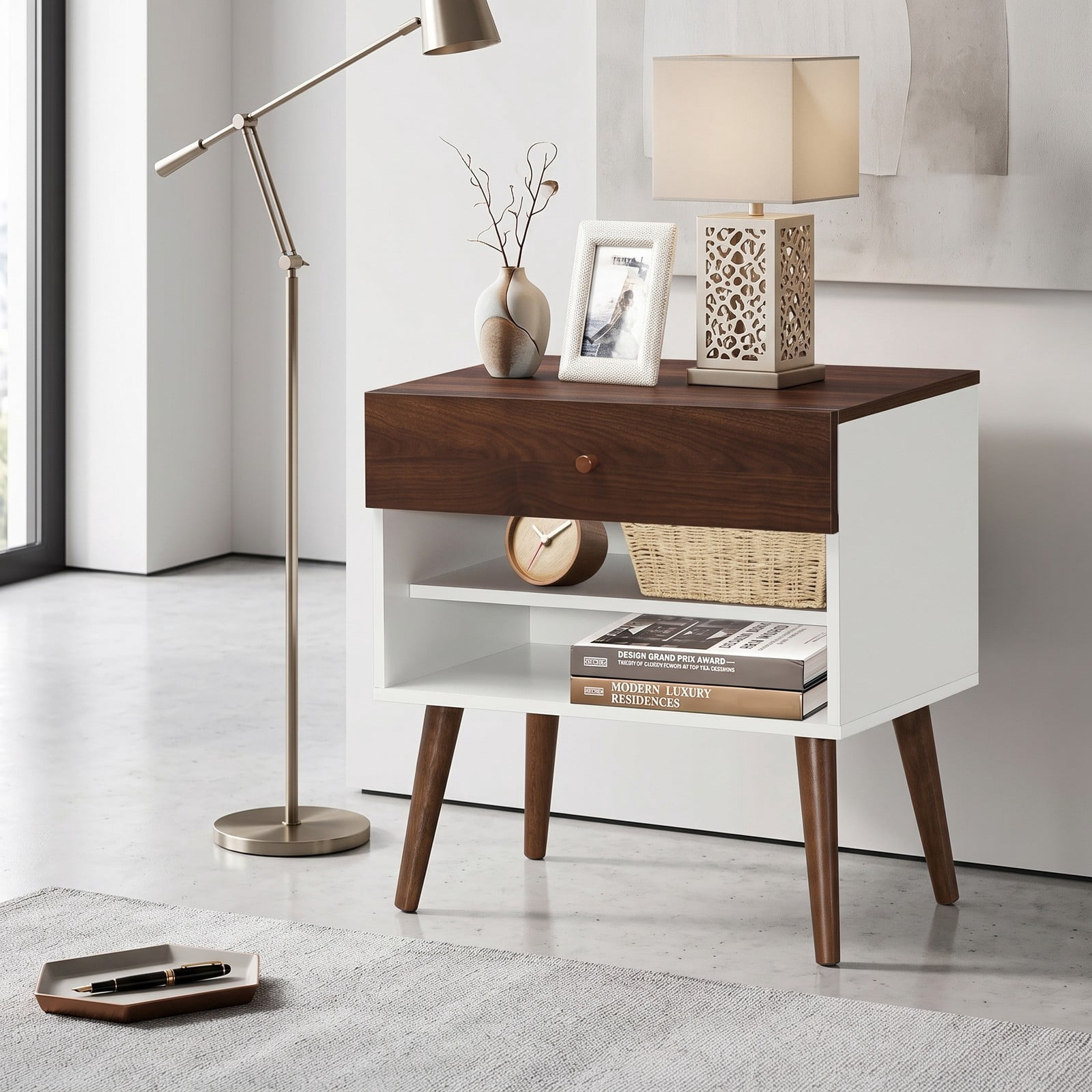 Furnibear Mid Century Nightstand with Drawer and Open Shelf and Rubber Wood Legs for Bedside Storage in the Bedroom, Walnut and White