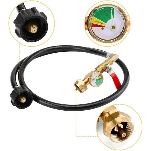 Propane Refill Adapter Hose with Gauge, 4FT/48'' Propane Tank Refill Adapter Extension Hose for 1LB Propane Gas Tanks with ON/Off Control Valve, 2X 1lb Propane Bottle Caps Included