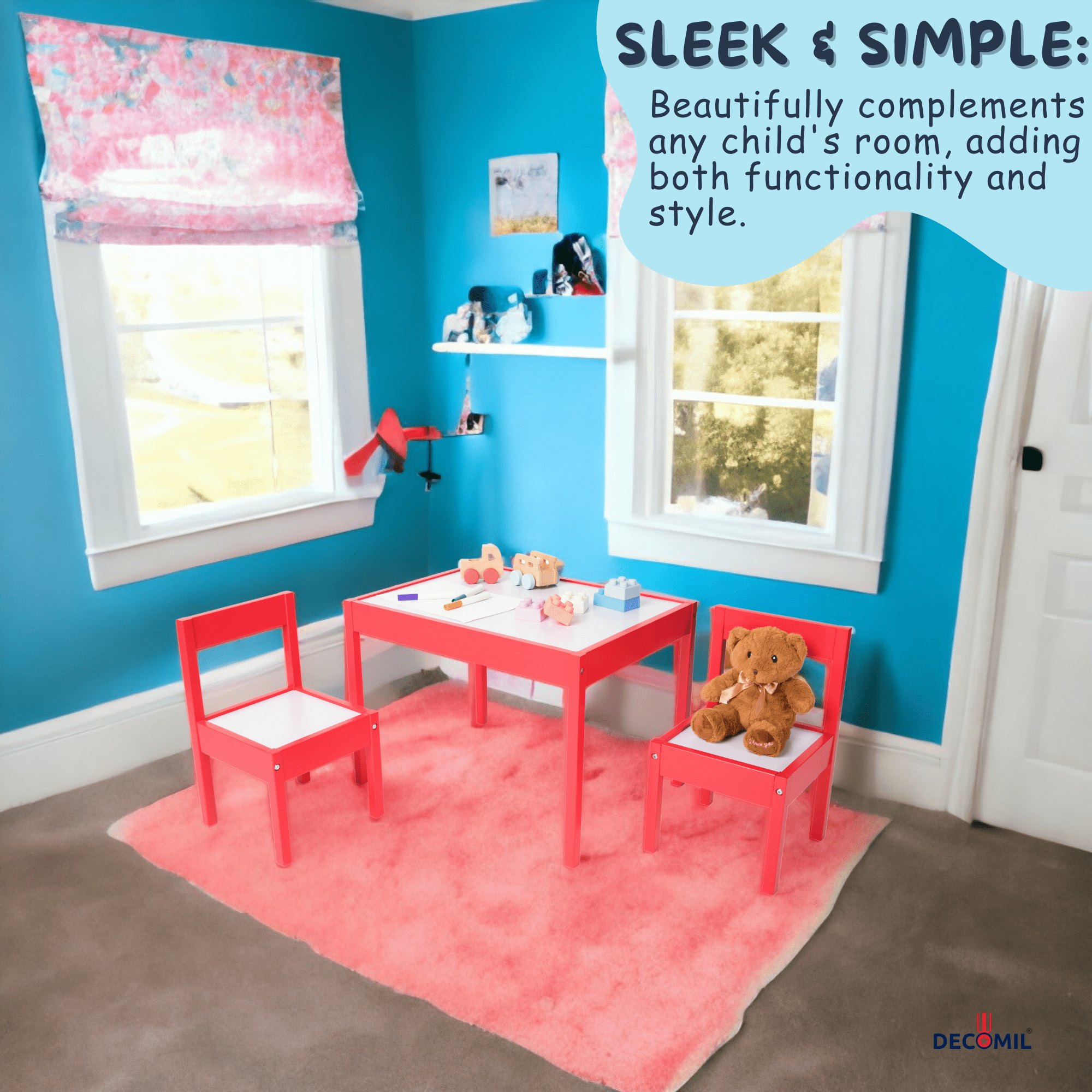 DECOMIL Kids Wooden Table and Chairs, 3 Pieces Set Includes 2 Chairs and 1 Activity Table, Picnic Table with Chairs (Red)