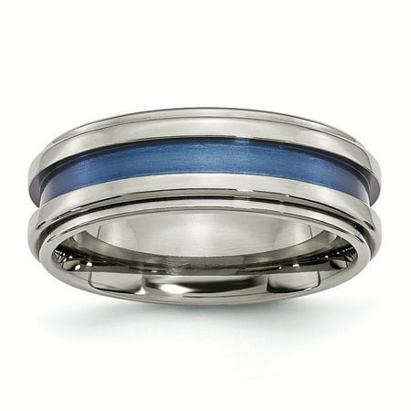 - Chisel Titanium with Blue Triple Groove 8 MM Polished Wedding Band, Size 8.5