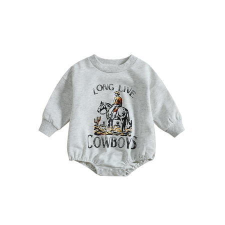 

Western Infant Baby Boy Girl Jumpsuit Long Sleeves Round Neck Cow Letter Print Spring Autumn Romper