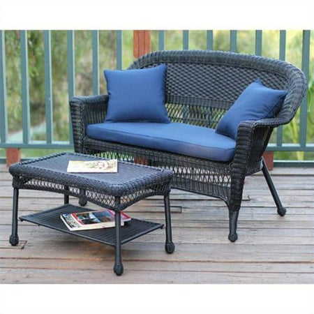 Jeco Wicker Patio Love Seat and Coffee Table Set in Black with Blue Cushion