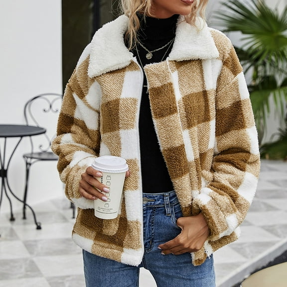 DailyTrove Women's Sherpa-Lined Plaid Jacket - Polyester Casual & Winter Wear, Warm for Cold Days & Outings