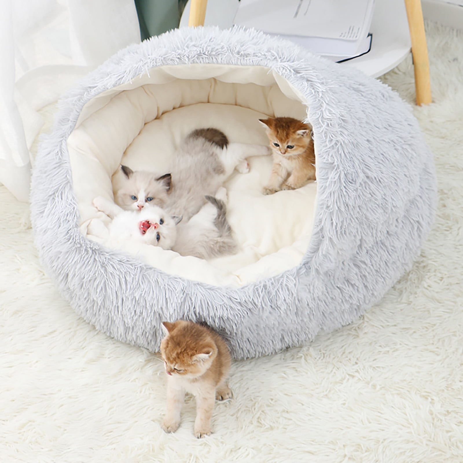 XEOVHV Calming Dog Beds & Cat Cave Bed with Hooded Cover,Removable Washable Round Beds for Small Medium Pets,Anti-Slip Faux Fur Fluffy Coved Bed for Improved Sleep,Fits up to 15/25 lbs(Medium,24"x24")