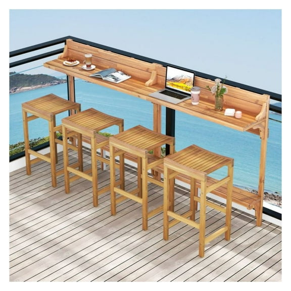 Acacia Wood Bar Table Set 3 Pieces, Patio Outdoor Bar Set with Footrest, Farmhouse Style Bistro Set for Balcony, Deck, 2 Stools Included, Teak Finish
