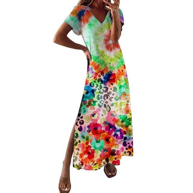 Womens Dresses Ladies Loose Casual Floral Ink Print Slit Short Sleeves Long Spring Dress E M