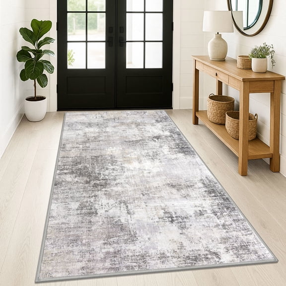 iOhouze Washable Area Rug 4x6 Ft Abstract Rugs for Entryway Non Slip Small Living Room Rugs Printed Faux Wool Throw Rug, Floor Carpet for Kitchen Playroom, Ash Grey/Beige