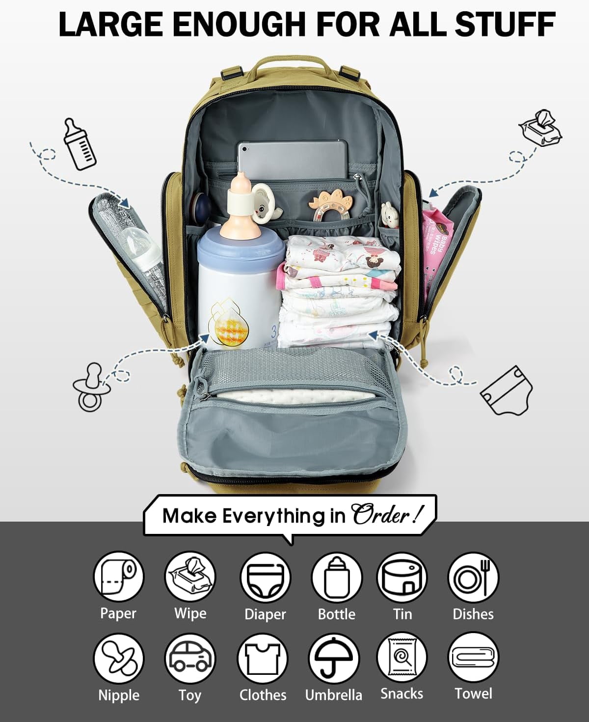 MIRACOL Diaper Bag Backpack for Dad: 40L Large Capacity Tactical Dad Bag with 16+ Organized Pockets - 900D Fabric Military-Style for Travel, Outdoor & Daycare Essentials (Tan)