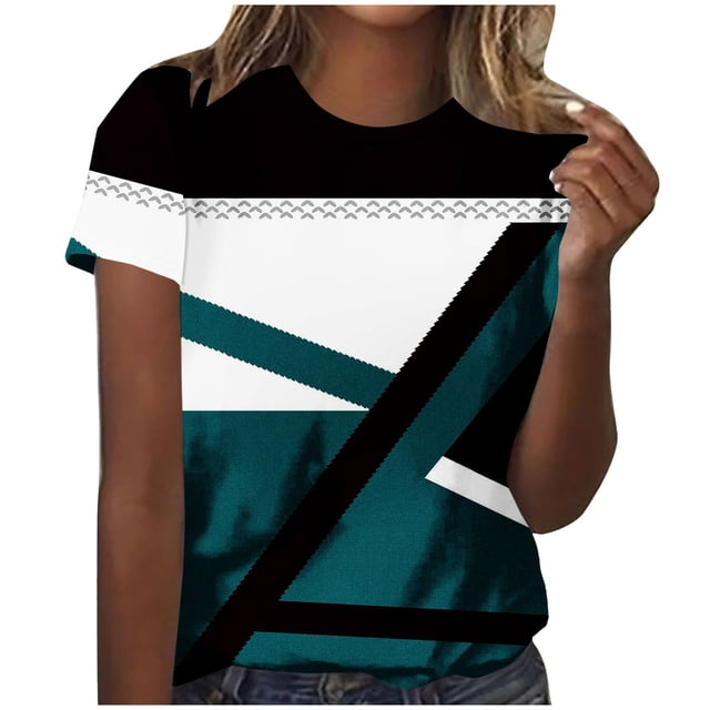 Tops Cortos para las Mujeres, Estampado Cuello Redondo Camiseta de Manga Corta, Moda Casual Blusa de Poliéster Ligero