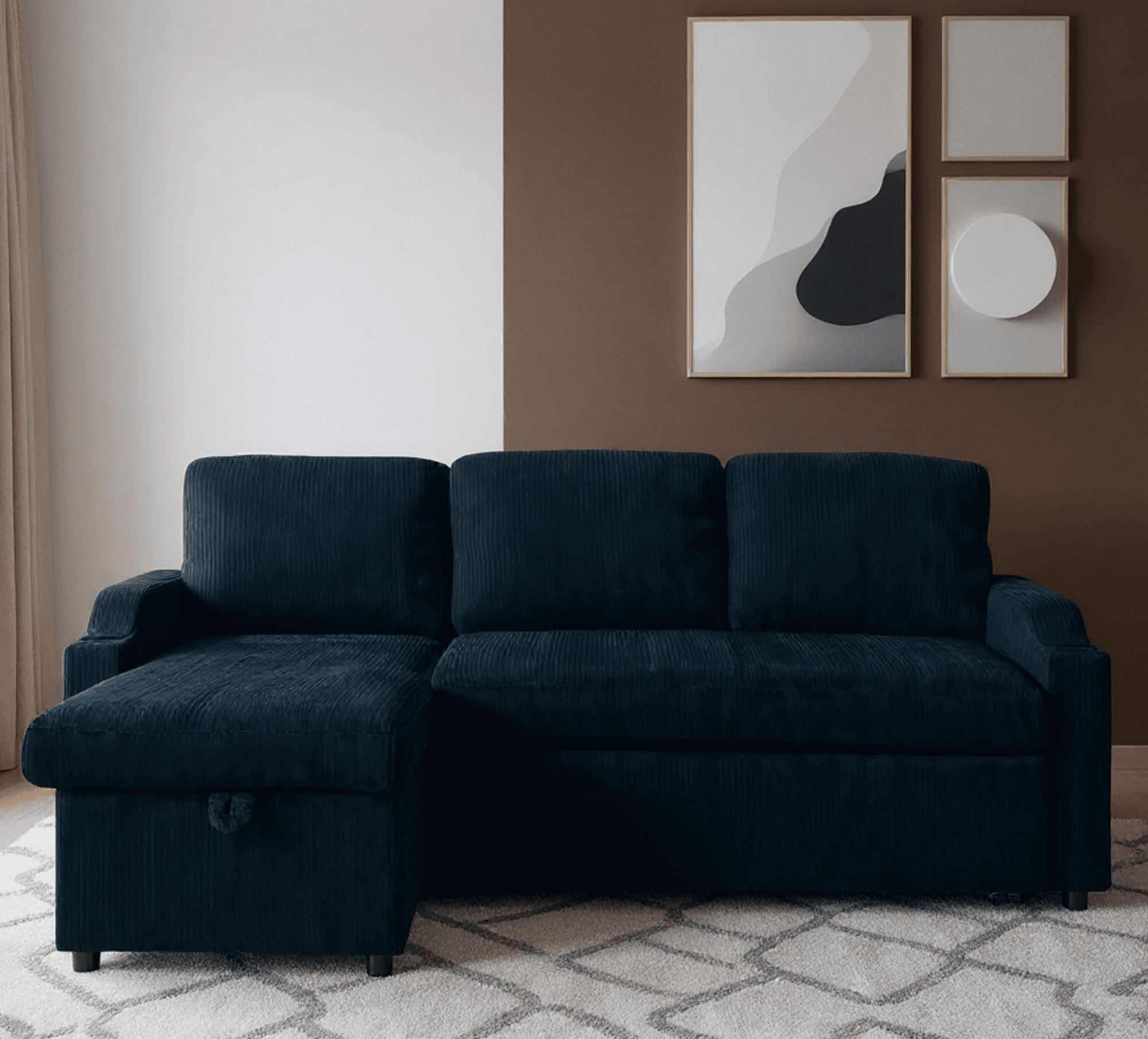 Gewnee Pull Out Sofa Bed,3 In 1 Sleeping and Seating Sofa with Storage Function,with Corduroy Fabric L-shaped Sofa,Suitable for Living Room,Bedroom and Apartment(Black)