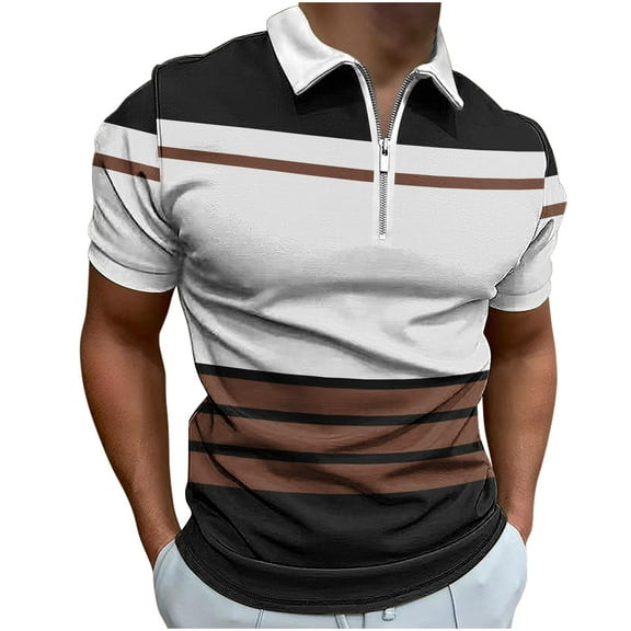 Vhkiploz Summer Shirts for Men Striped Short Sleeve Zipper Neck Collared Tops Business Work Casual Blouse