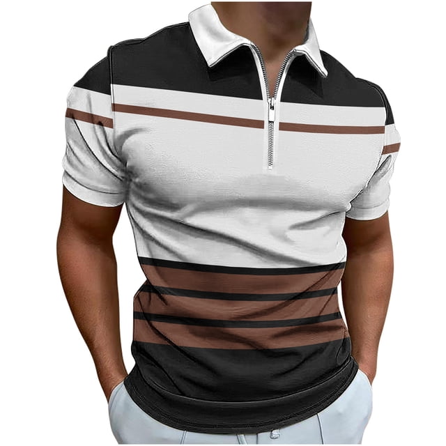 FAIWAD Mens Short Sleeve Shirts Zipper Striped Patchwork T-Shirt Basic Lapel Athletic Tennis Tops