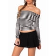 thumbnail image 3 of Women'S Striped Off-Shoulder Long Sleeve T-Shirt Color Blocking Slim Fit Basic Top Black & White M, 3 of 9