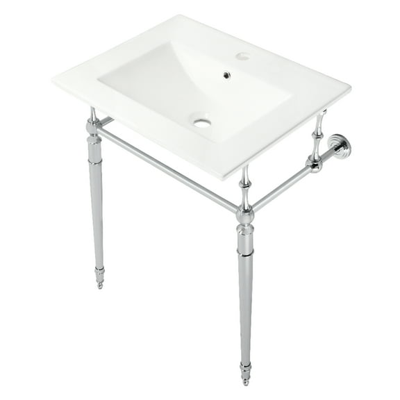 Kingston Brass KVPB24187W1CP Edwardian 24" Ceramic Console Sink with Brass Legs (1-Hole), White/Polished Chrome