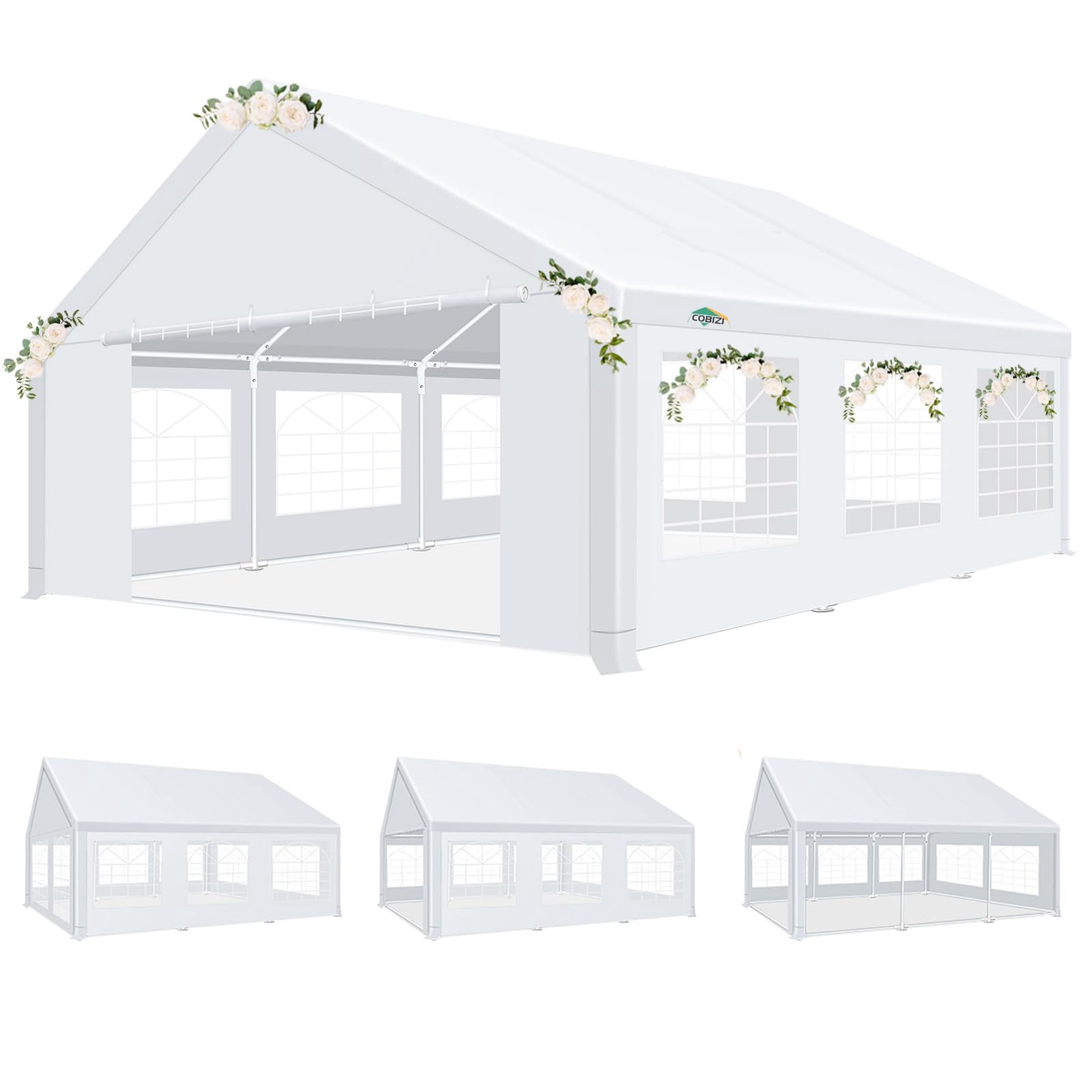 COBIZI 20x20ft Party Tent Heavy Duty, Wedding Tent, Event Tents for Parties, Carpas para Fiestas with Removable Sidewalls, Large Tent with Built-in Sandbag, UV50+, Big Tent for Party, Carport, White