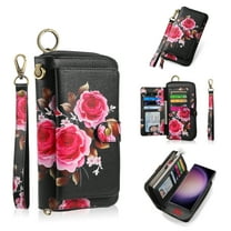 ELEHOLD Handbag Wallet with Case for Samsung Galaxy S22 Flower Floral Pattern with Card Holders Zipper Purse RFID Wallet Wristband Strap Magnetic Phone Case for Samsung Galaxy S22,black