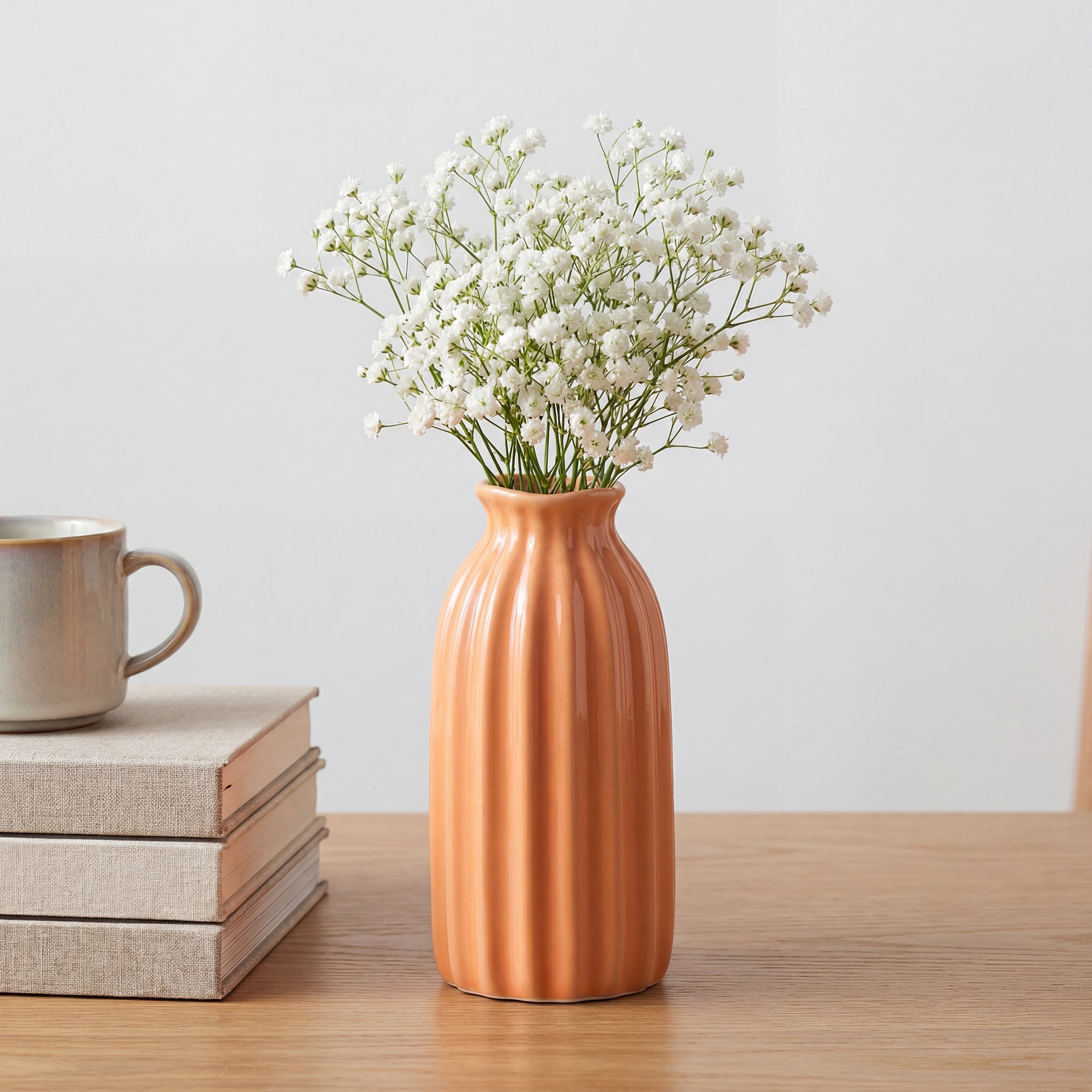Unique Bargains Small Ceramic Vase Matte Ribbed Decorative Flower Vase for Bathroom Orange