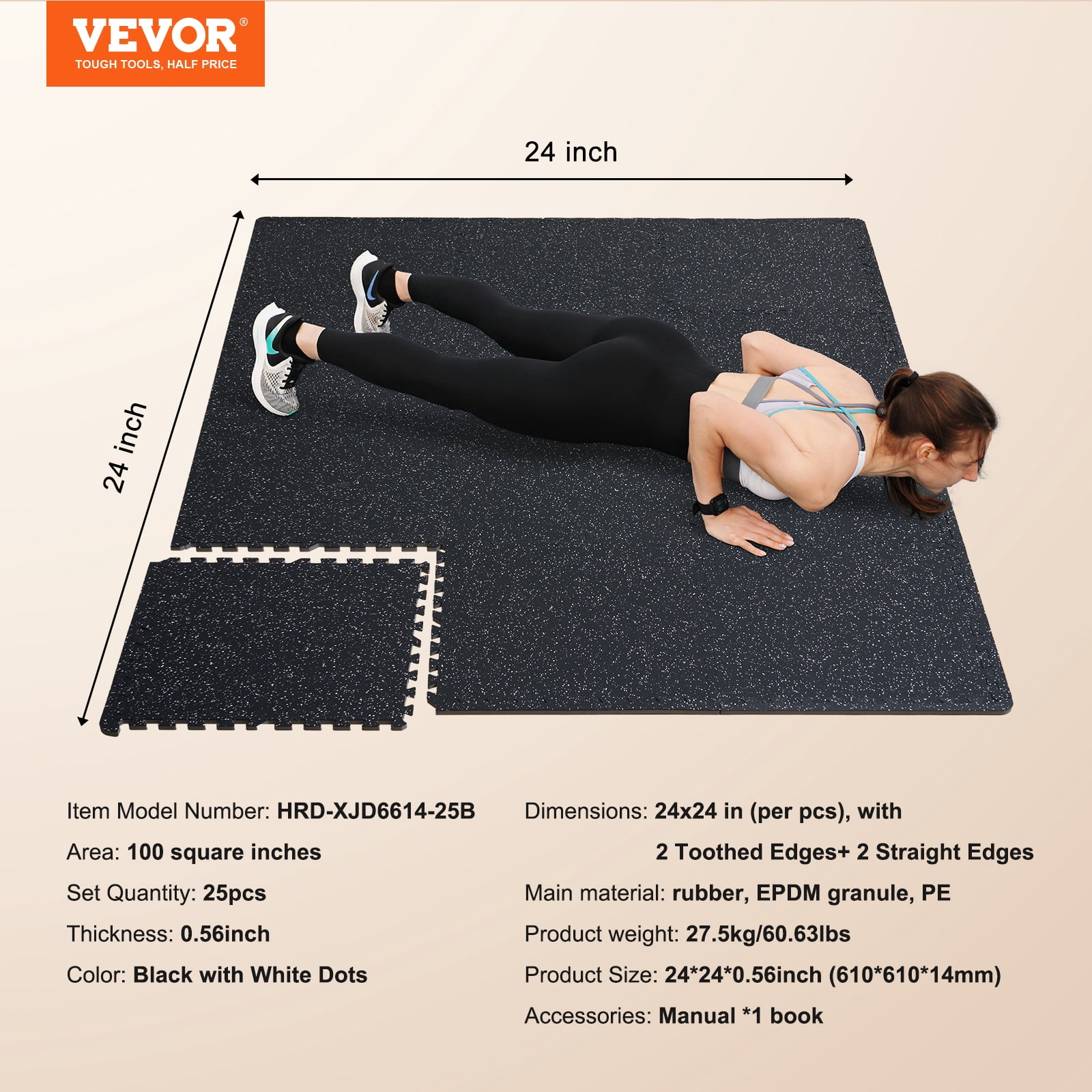 VEVOR 0.56 Inch Thick Gym Floor Mats, 25 Tiles Rubber Top with EVA Foam, 24" x 24" Gym Flooring Workout Mats with 100sq.ft Coverage, Interlocking Puzzle Gym Mats for Gym, Home, Garage, Black & White
