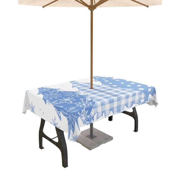 Boanket Outdoor Tablecloth with Umbrella Hole for Patio/Picnic/Party/Camping, Blue Christmas Waterproof Table Cloth Rectangle Table Cover Washable, Blue Plaid Xmas Tree Snowflake Winter (60"x 84")