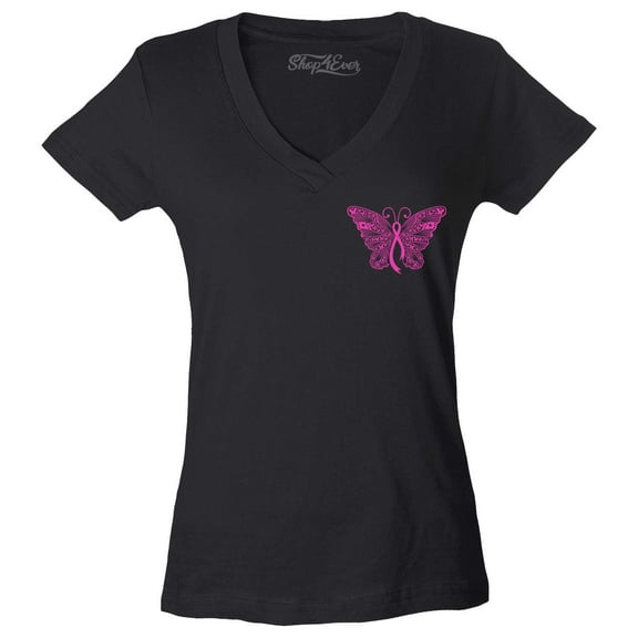 Shop4Ever Women's Breast Cancer Awareness Ribbon Butterfly Pocket Slim Fit V-Neck T-Shirt XX-Large Black