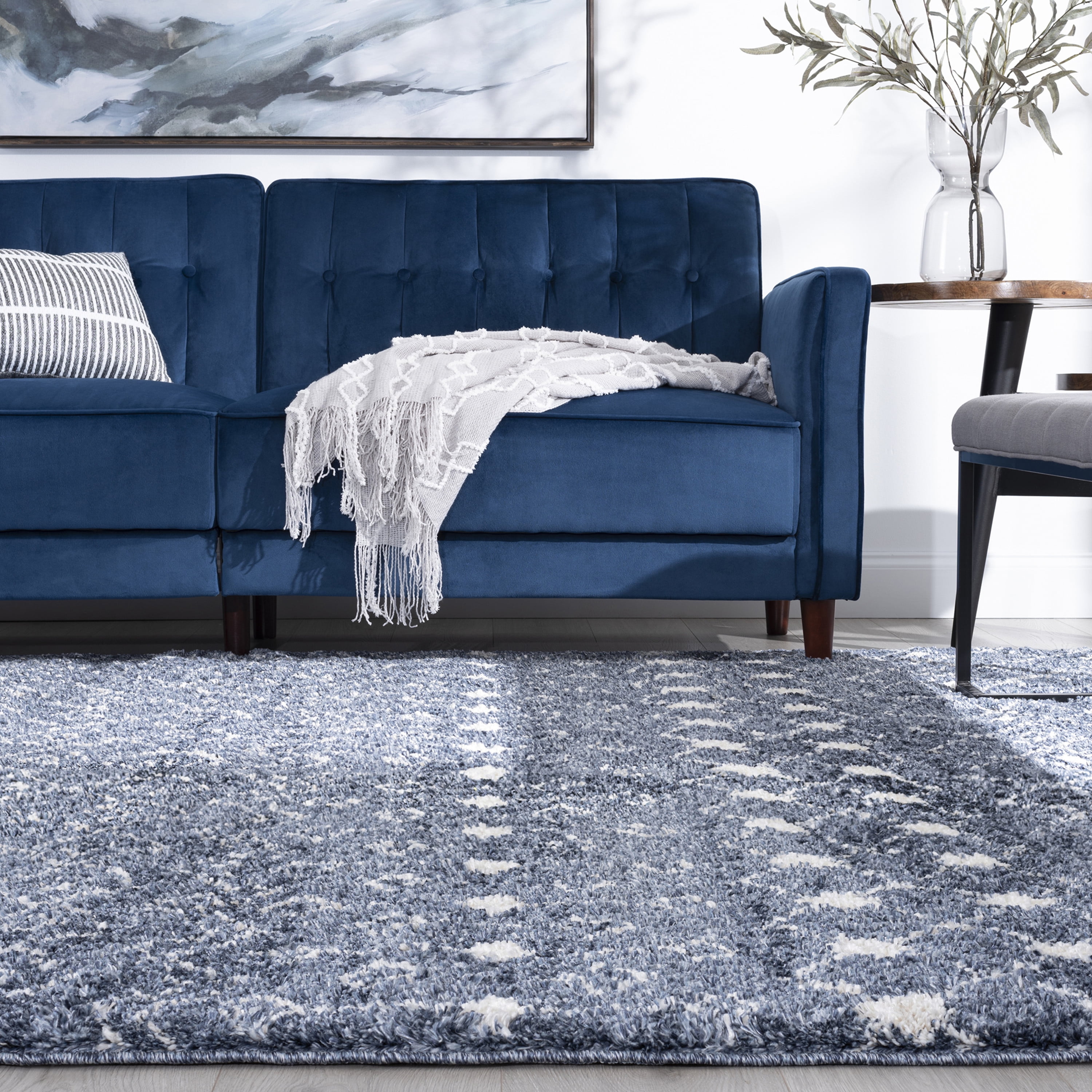 Shag 4x6 Area Rug Thick (3'11'' x 5'3'') Geometric Blue, Cream Indoor Rectangle Easy to Clean