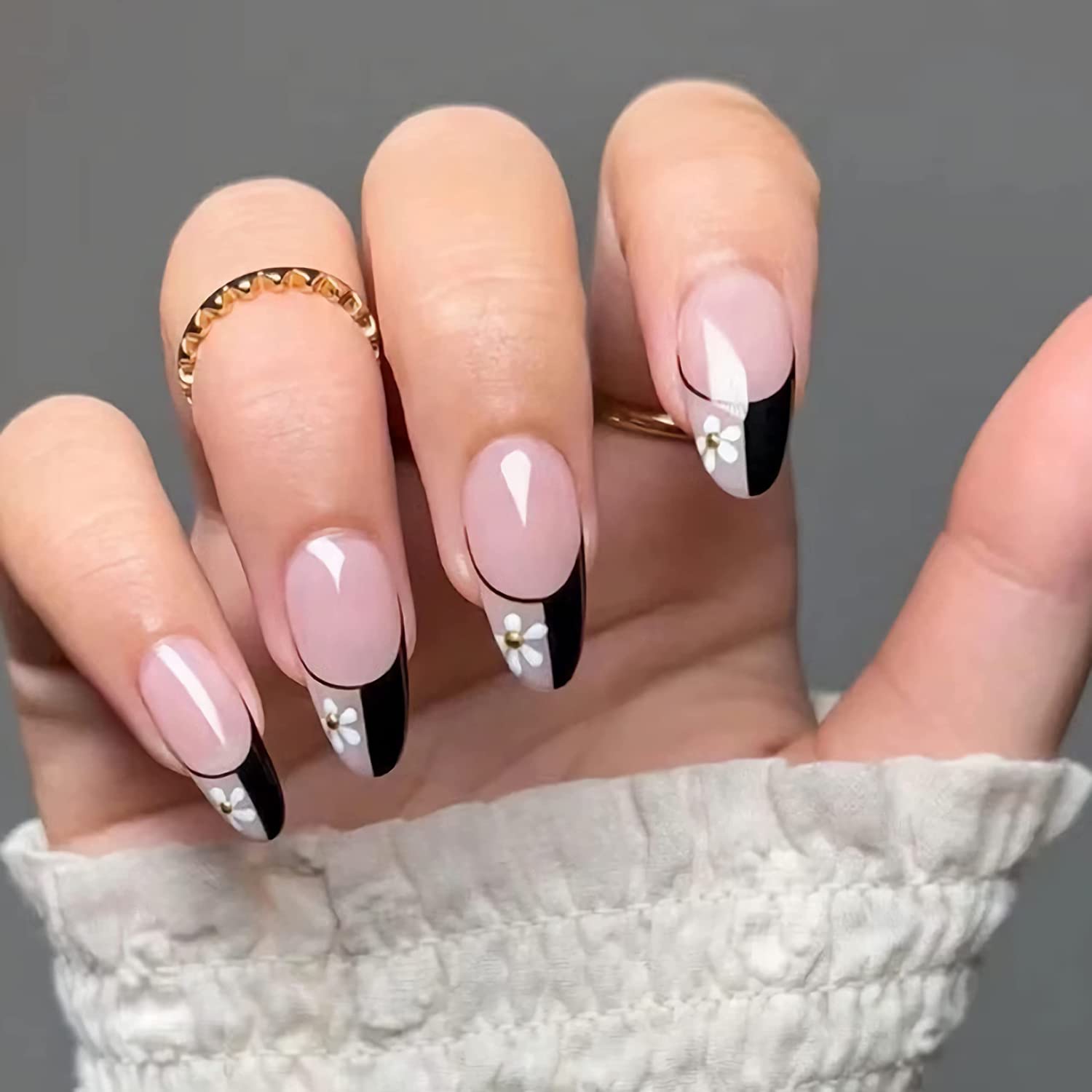 French Tip Press on Nails Medium Almond Black Fake Nails Stiletto False