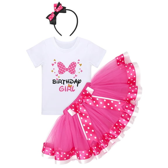 IBTOM CASTLE Toddler Girls Birthday Outfit Polka Dots Tops Tutu Skirt Mouse Ears Headband for Cake Smash Photo Shoot 3 Years Hot Pink - Bowknot