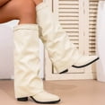 thumbnail image 5 of Women's Fold Over Boots Chunky Heel Slouch Knee High Boots Wide Calf Winter Pull on Dressy Tall Boot, 5 of 9