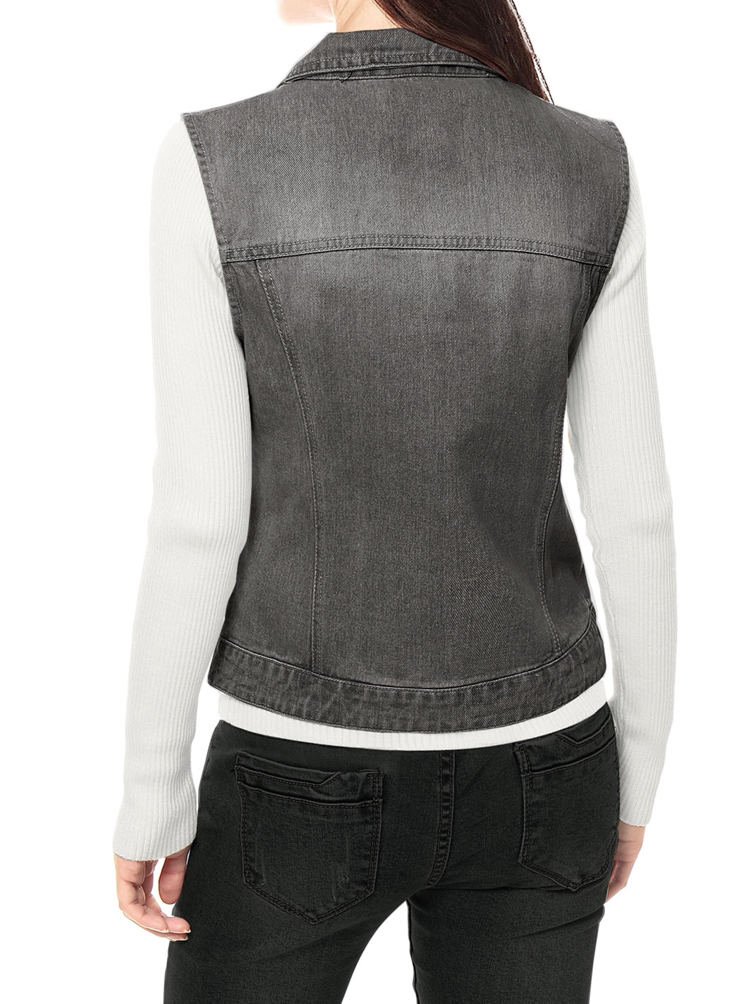 DARING DIVA Women's Denim Sleeveless Flap Pockets Vest Jacket M Gray