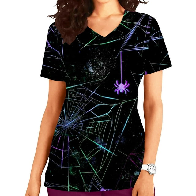 Dvkptbk Gommage pour Femmes Halloween Hauts à Imprimé Citrouille et Araignée pour Femmes Vêtements de Travail Infirmiers avec Poches Mode Décontractée Col en V Manches Courtes T-Shirts